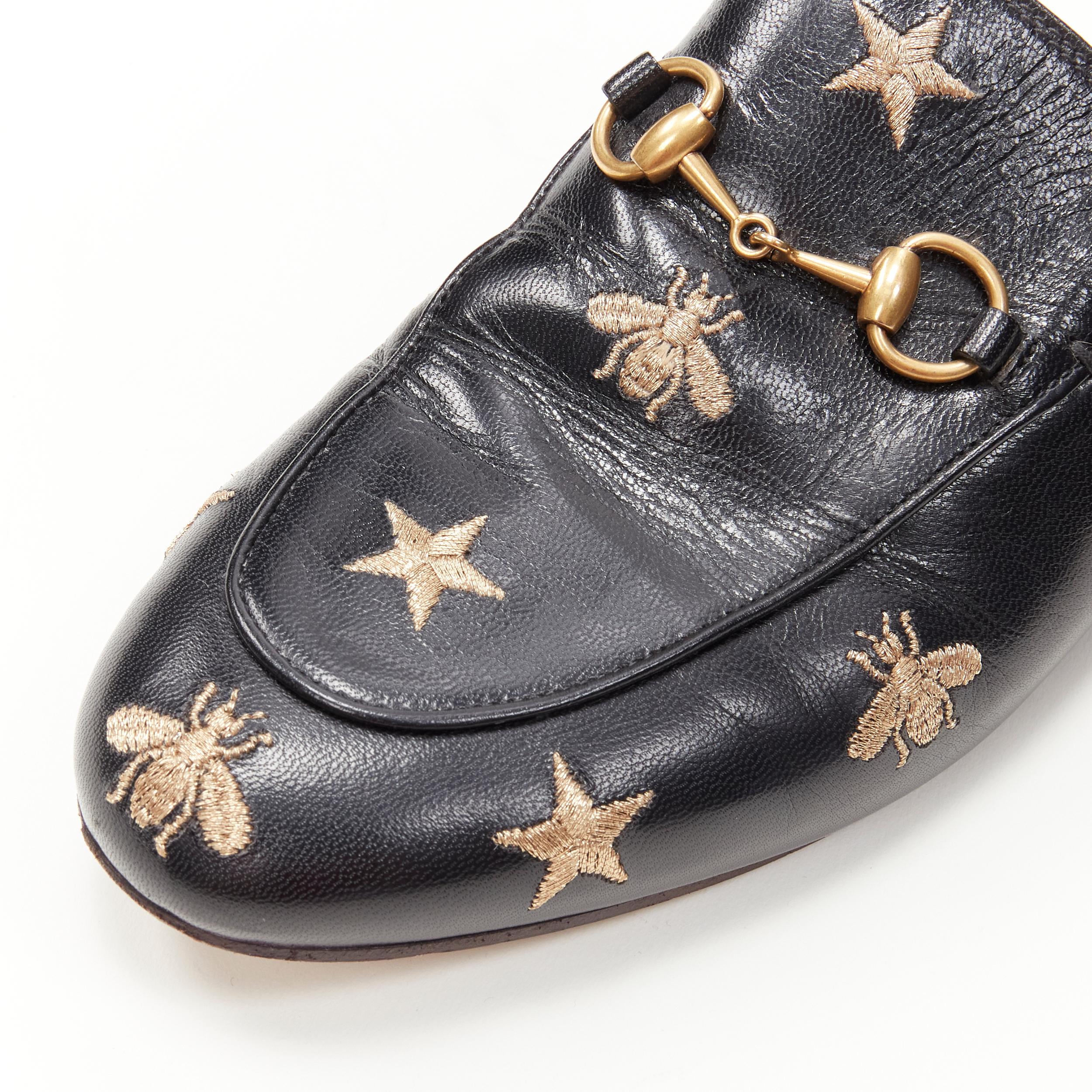 GUCCI Princetown Bees & Stars black gold horsebit loafer slippers EU37.5 In Good Condition In Hong Kong, NT