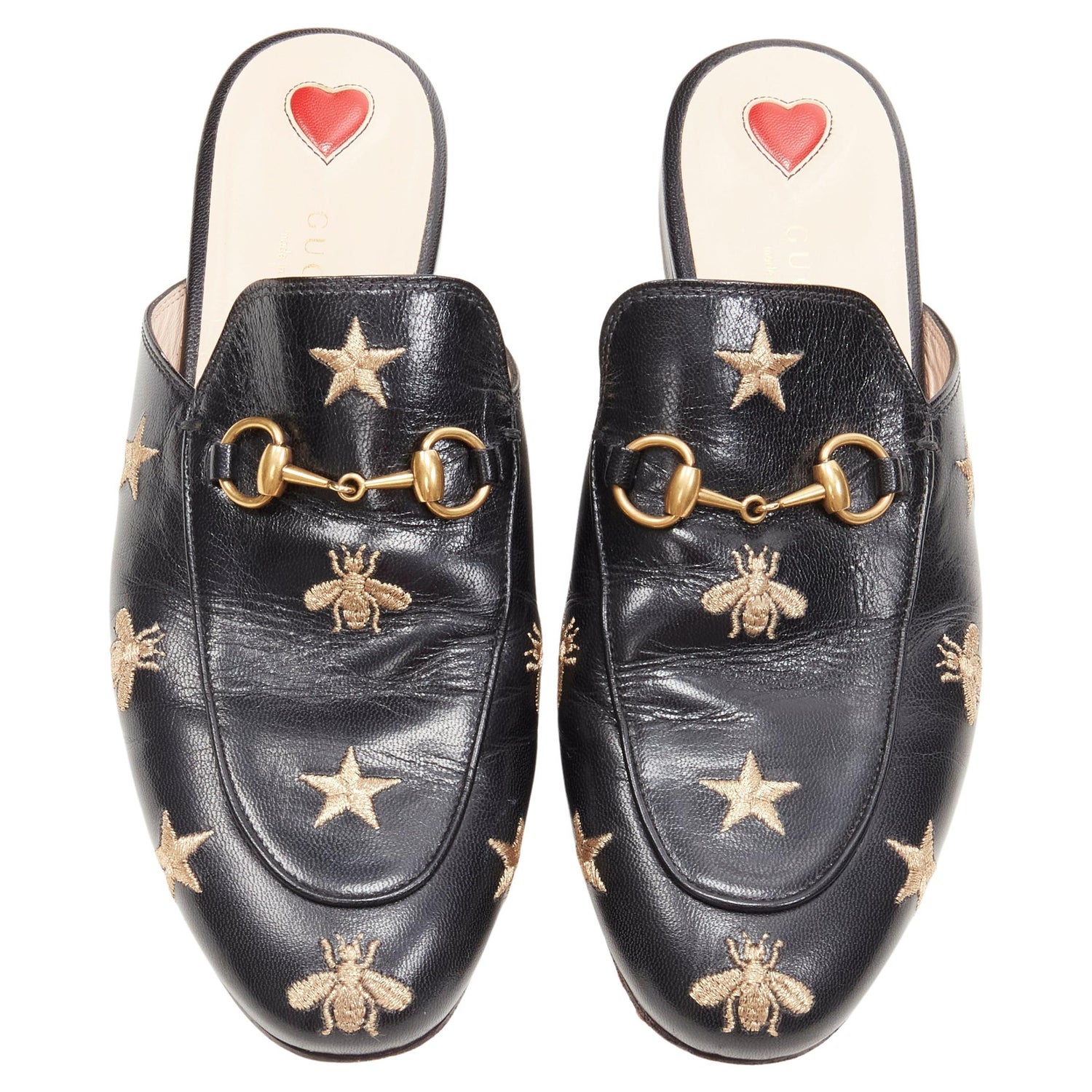 GUCCI Princetown Bees and Stars black gold horsebit loafer slippers EU37.5  at 1stDibs
