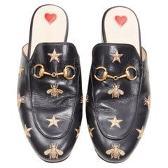 Used GUCCI Princetown Bees & Stars black gold horsebit loafer slippers EU37.5