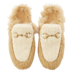 GUCCI Princetown beige shearling horsebit backless loafer mules EU37