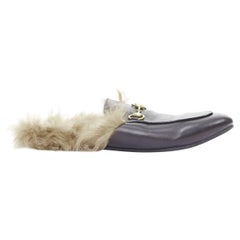 GUCCI Princetown black leather brown fur lined slip on loafer mules EU38