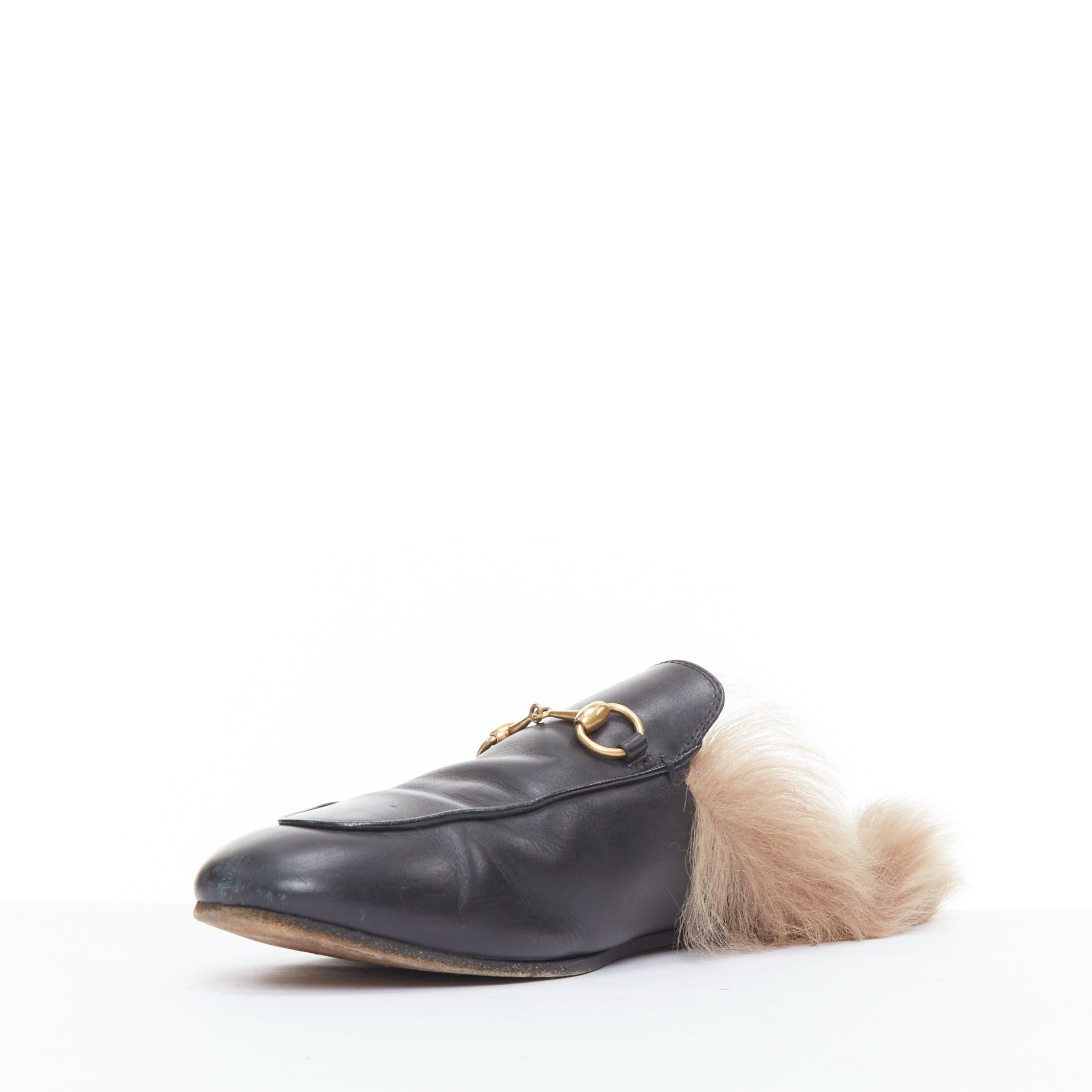 Gucci Princetown mules mocassins en cuir noir doublé de fourrure Brown État moyen à Hong Kong, NT
