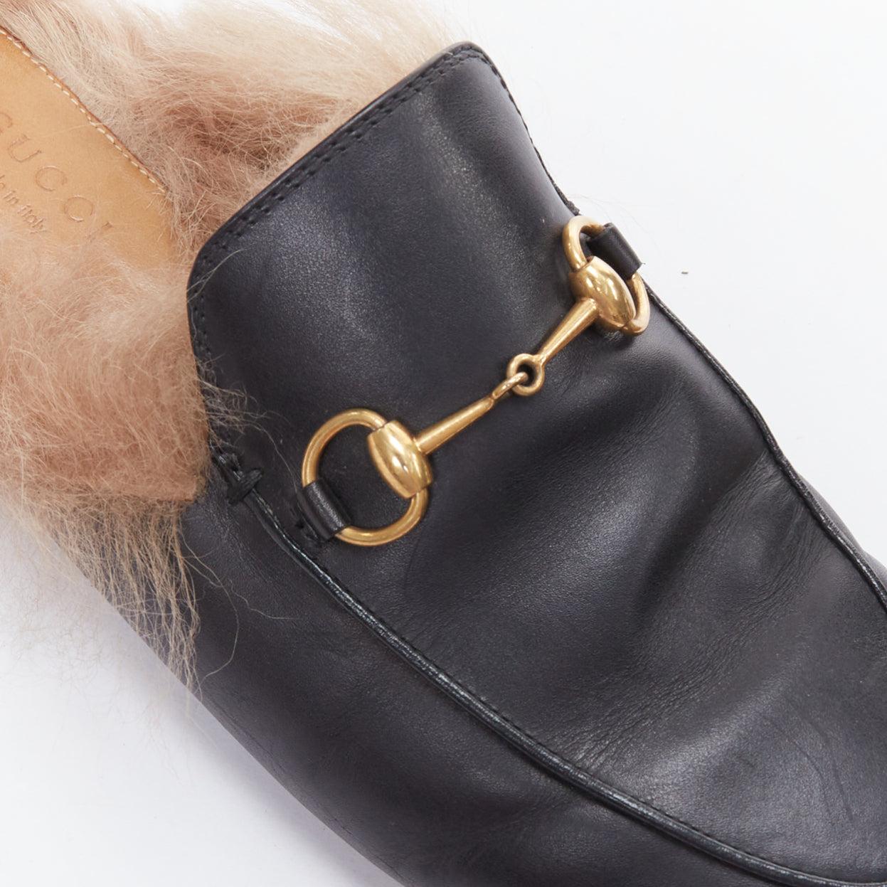Gucci Princetown mules mocassins en cuir noir doublé de fourrure Brown 2