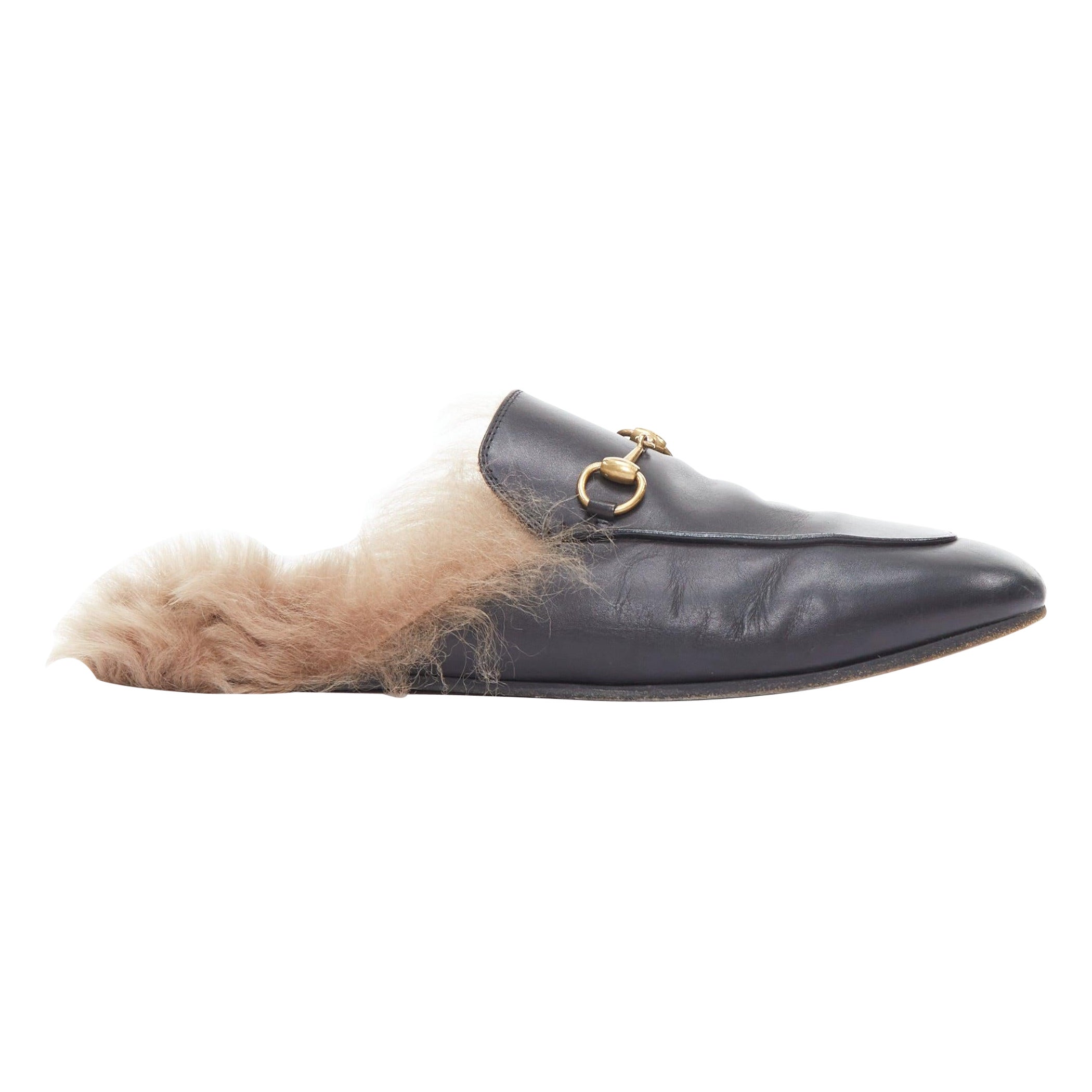 GUCCI Princetown black leather brown fur lined slip on mules loafers
