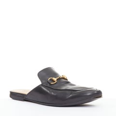 GUCCI Princetown black smooth leather gold horsebit mule loafers UK8 EU42