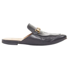GUCCI Princetown black smooth leather gold horsebit mule loafers UK8 EU42