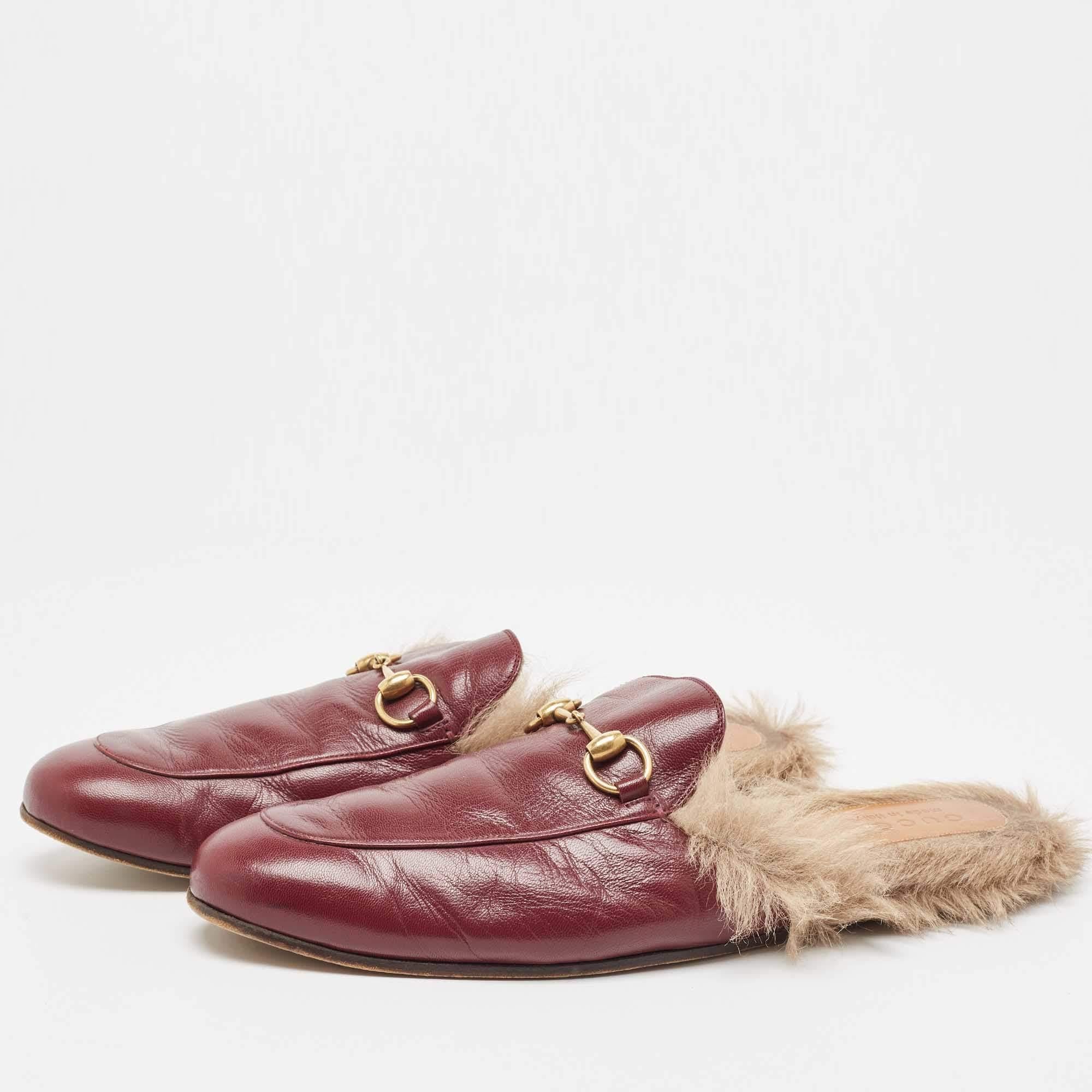 Brown Gucci Princetown Burgundy Leather and Fur Mules Size 45