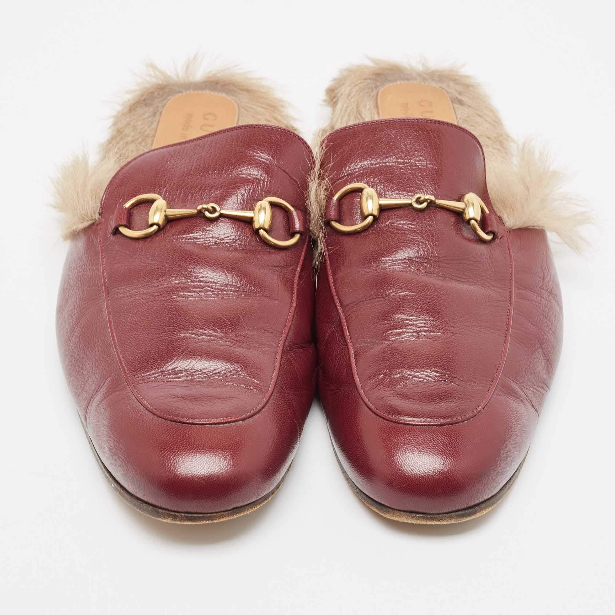 Men's Gucci Princetown Burgundy Leather and Fur Mules Size 45