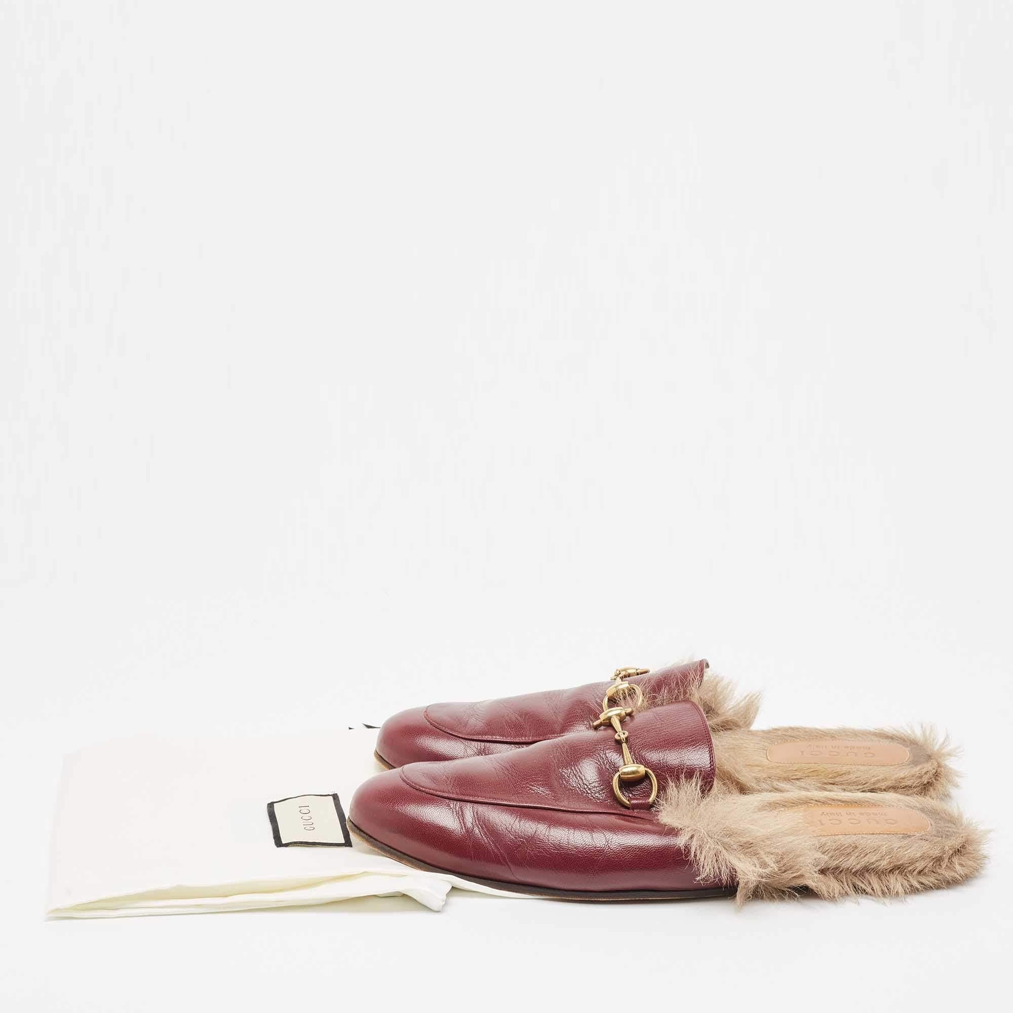 Gucci Princetown Burgundy Leather and Fur Mules Size 45 4