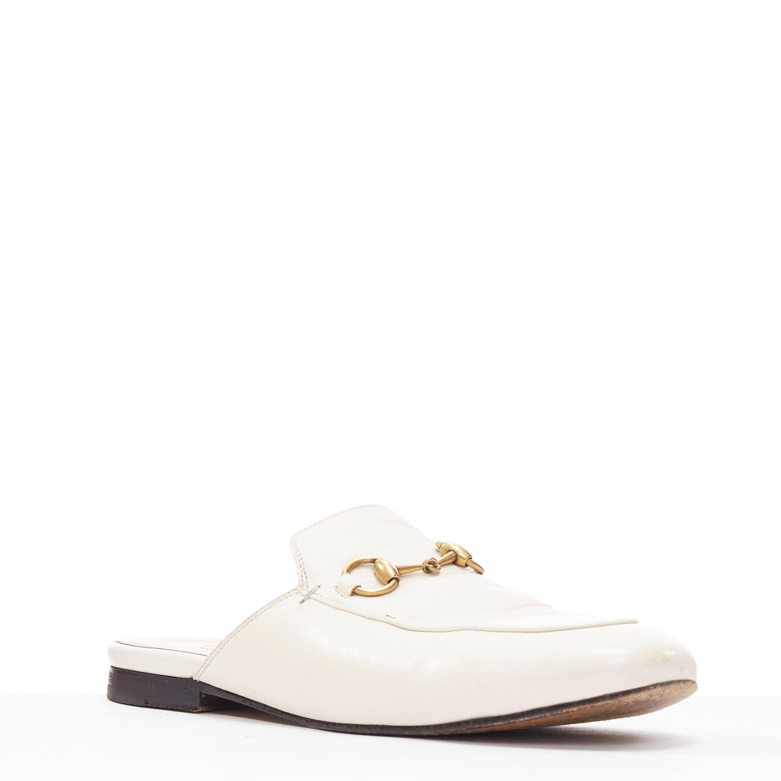 White GUCCI Princetown cream leather gold horsebit flat mule loafer EU36 For Sale