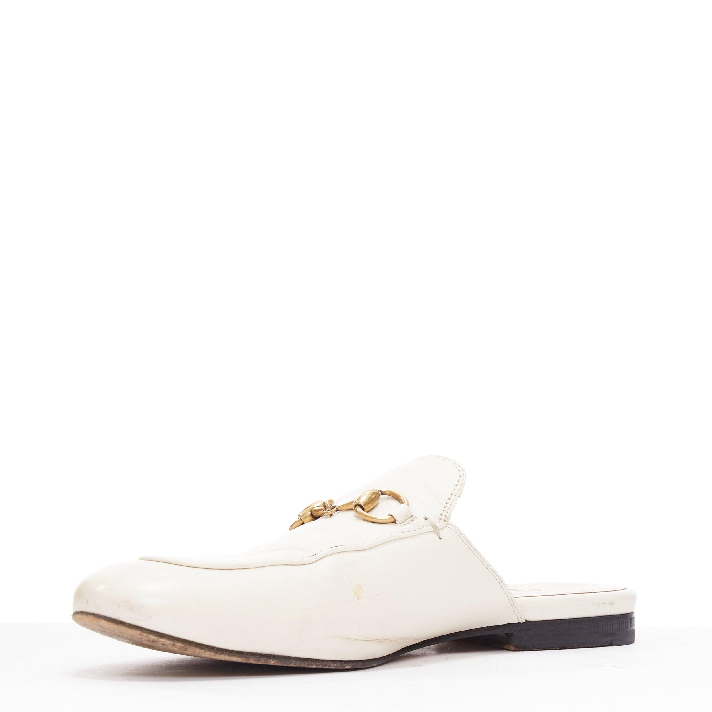 GUCCI Princetown cream leather gold horsebit flat mule loafer EU36 In Fair Condition For Sale In Hong Kong, NT