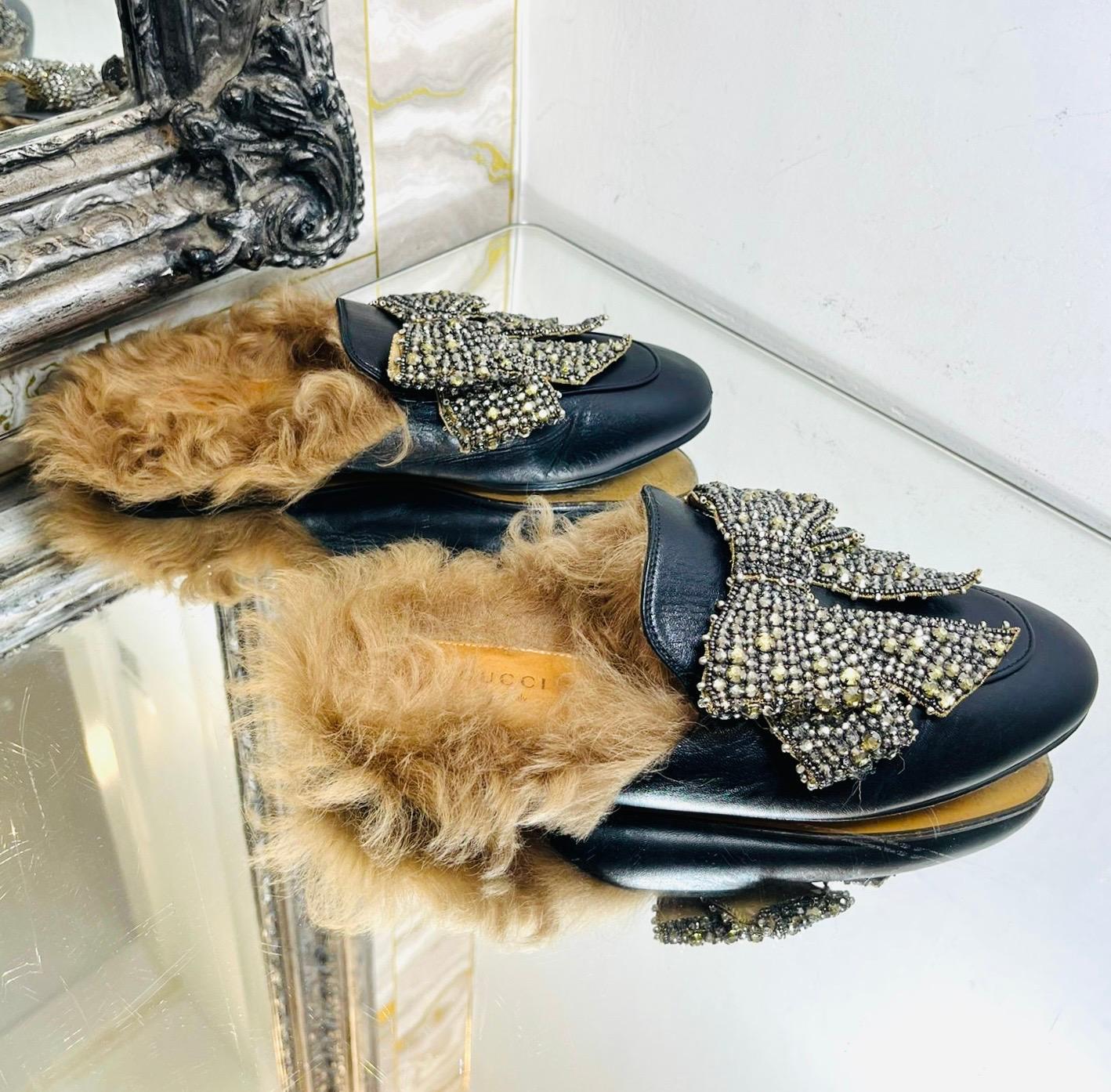 Gucci Princetown Crystal Bow & Shearling-Lined Leather Mules In Good Condition In London, GB