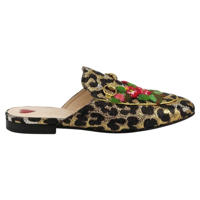 Gucci Princetown Embroidered Leopard Print Lurex Slippers EU 38 UK 5 US 8  For Sale at 1stDibs