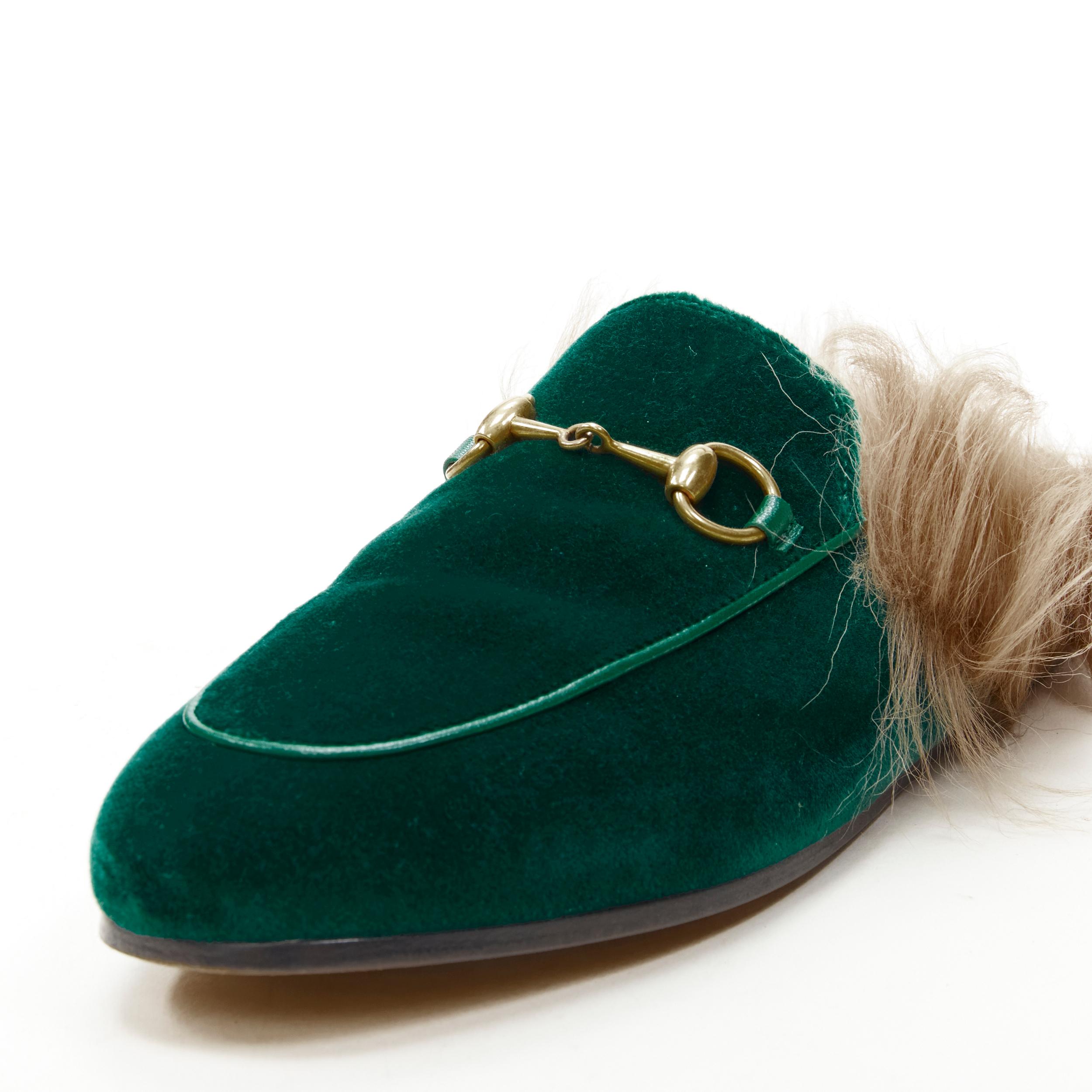 Women's GUCCI Princetown green velvet fur lined gold Horsebit mule loafer EU36