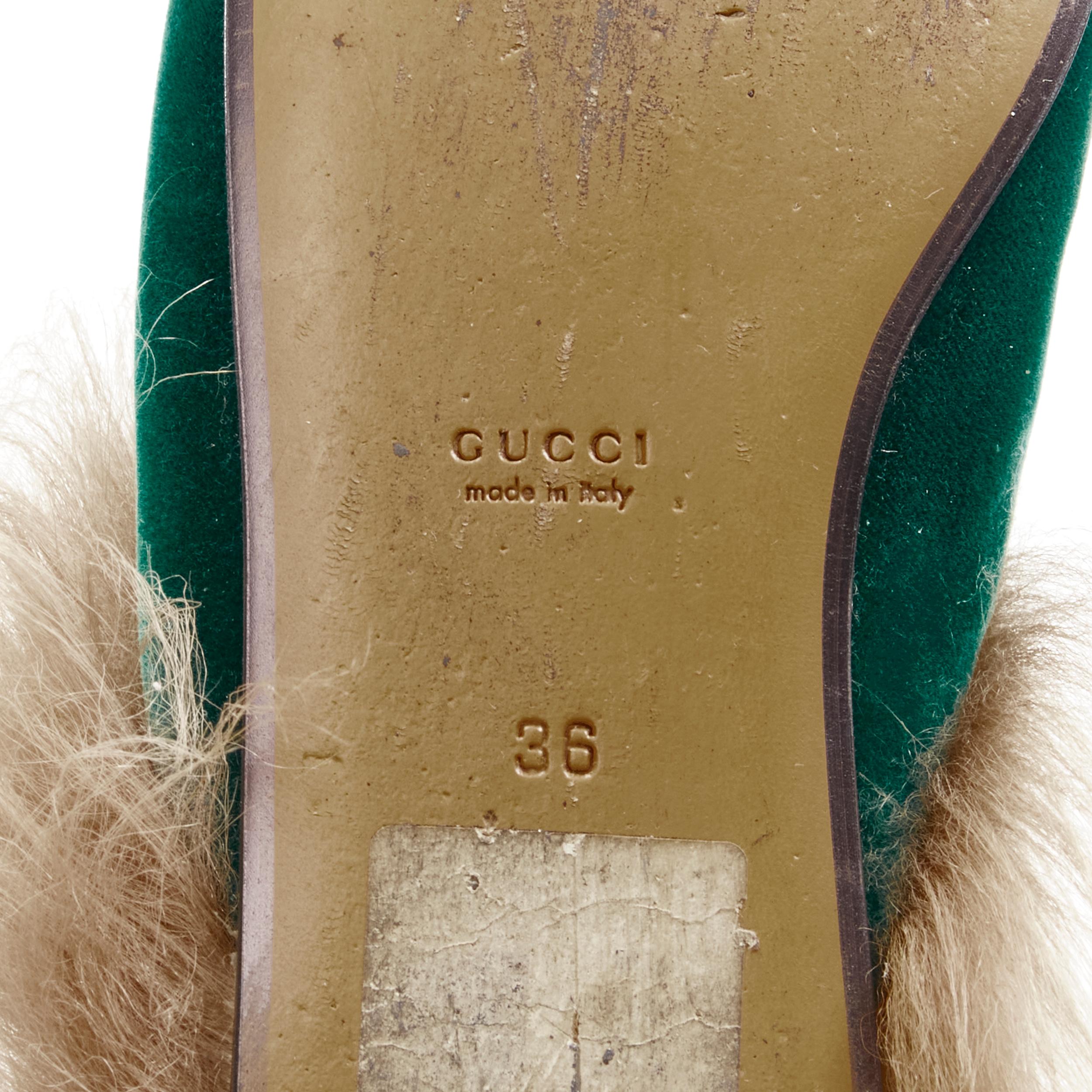 GUCCI Princetown green velvet fur lined gold Horsebit mule loafer EU36 2