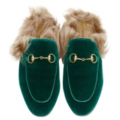 Used GUCCI Princetown green velvet fur lined gold Horsebit mule loafer EU36