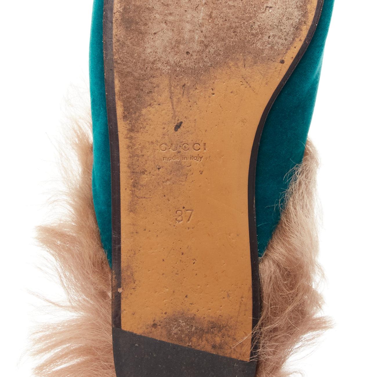 GUCCI Princetown green velvet horse bit buckle fur lined slide loafers EU37 For Sale 6