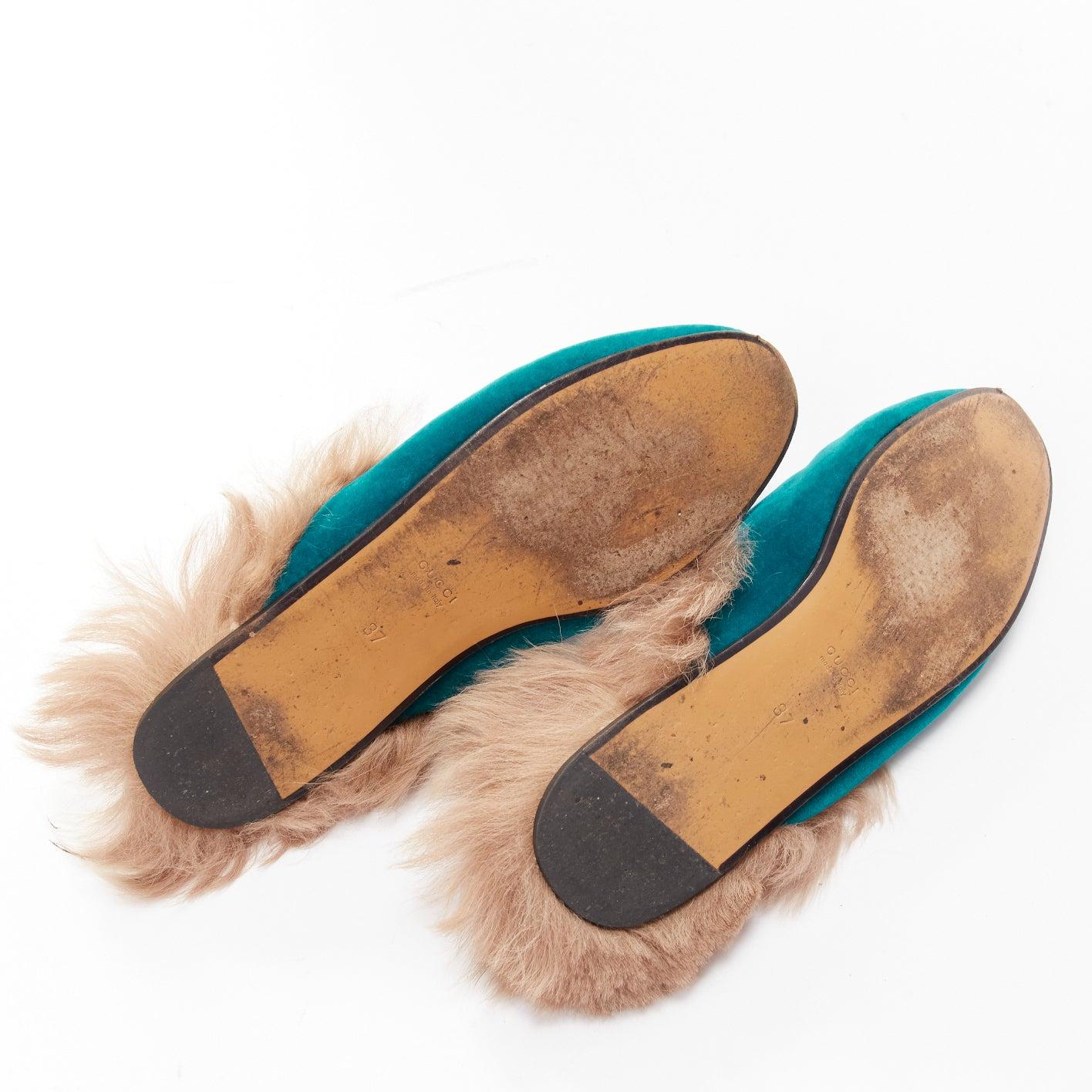 Gucci Princetown in velluto verde con fibbia e pelliccia foderata di mocassini EU37 in vendita 6
