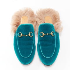 GUCCI Princetown green velvet horse bit buckle fur lined slide loafers EU37