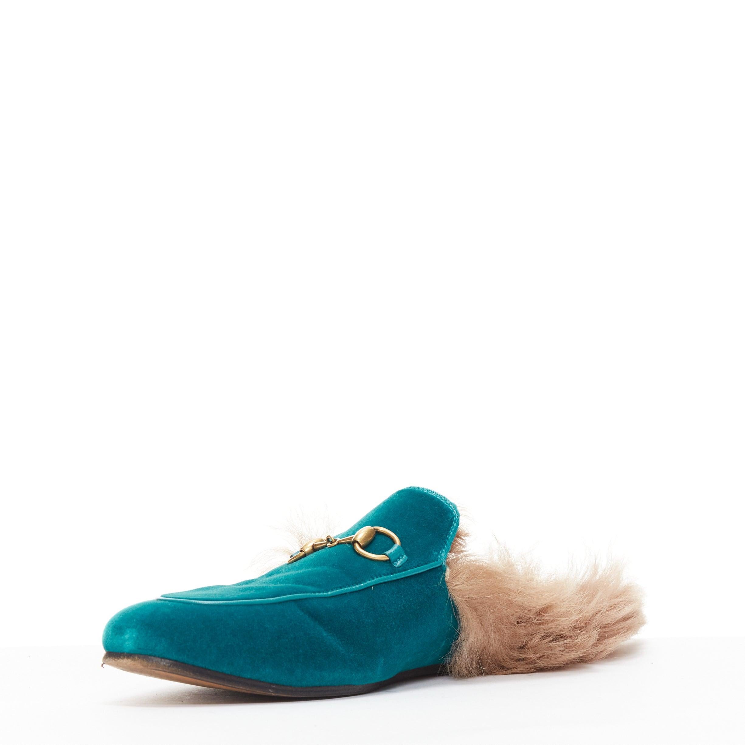 Women's GUCCI Princetown green velvet horse bit buckle fur lined slide loafers EU37 For Sale