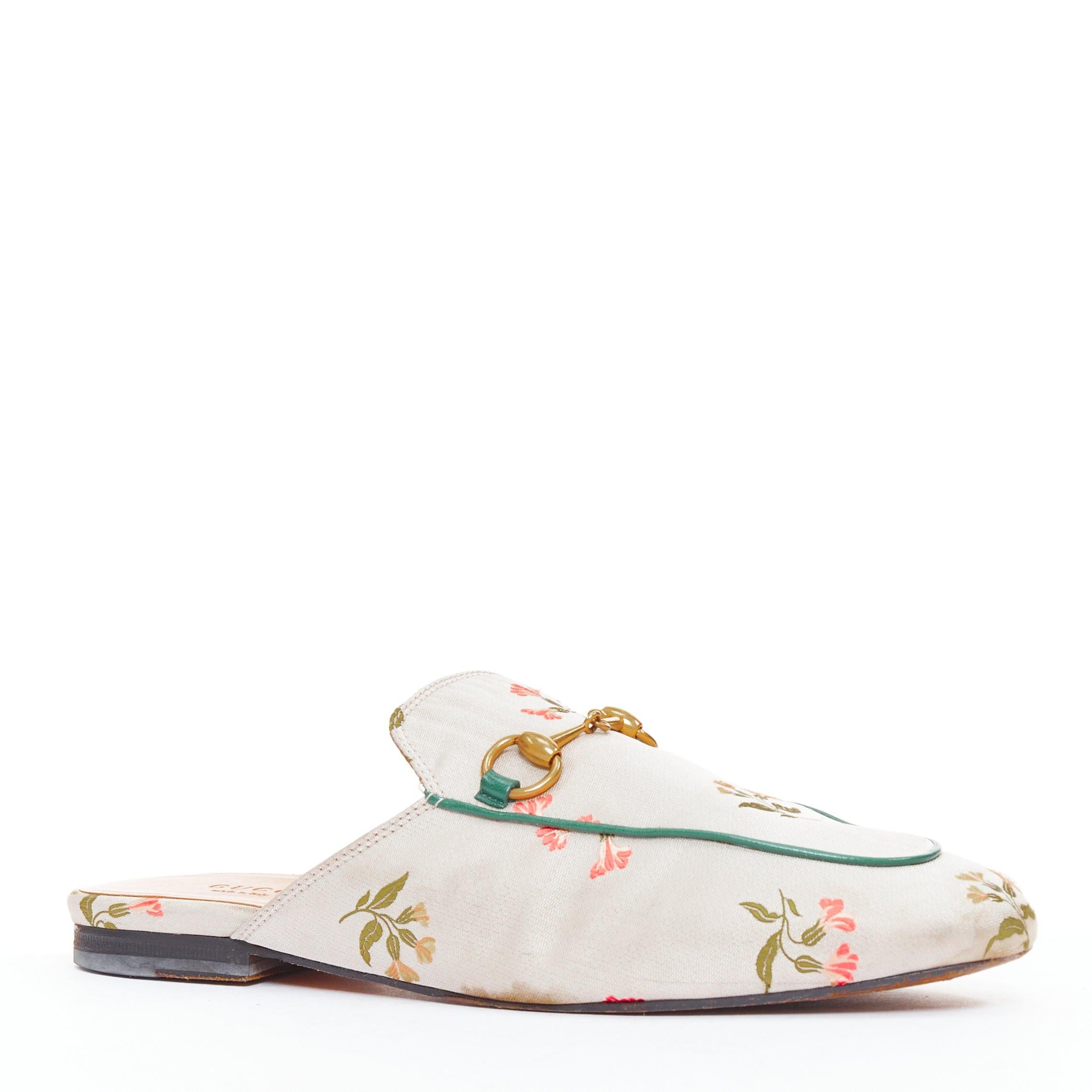 GUCCI Princetown gris jacquard floral dorado mocasín horsebit EU38 Oro en venta