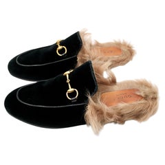 Gucci Princetown Horsebit Black Velvet Fur Lined Flat Loafers