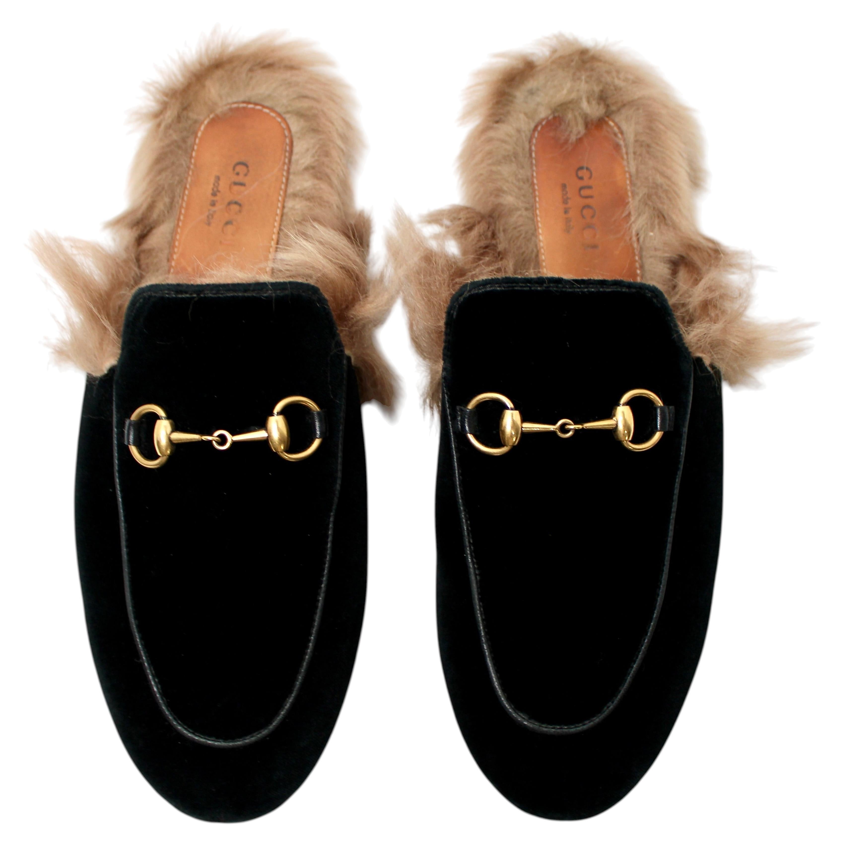 Gucci Princetown Horsebit Schwarz Samt Pelz gefüttert flache Loafers