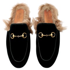 Gucci Princetown Horsebit Black Velvet Fur Lined Flat Loafers