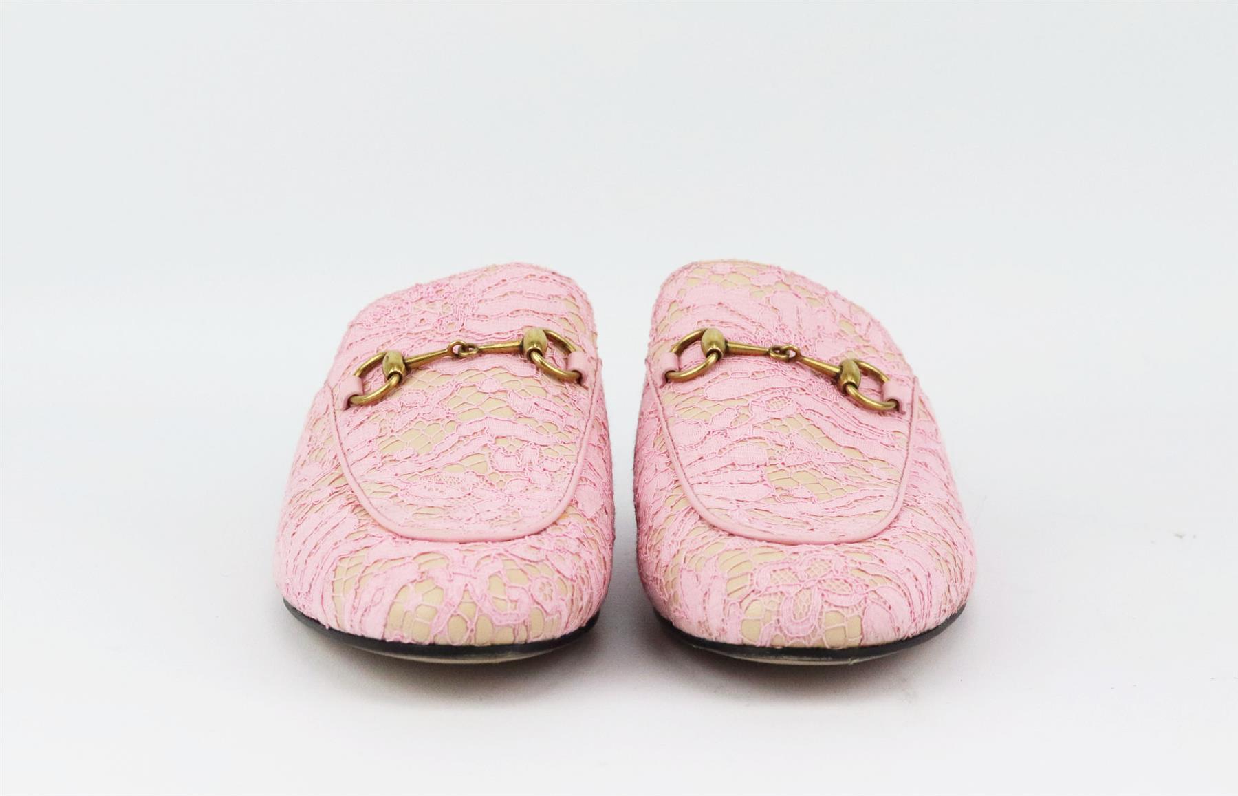 These ‘Princetown’ slippers are crafted from smooth pink lace and beige leather and are a versatile option for the office or evenings out, the almond-toe pair is adorned with the house's iconic horsebit plaque. Sole measures approximately 10 mm/ 0.5