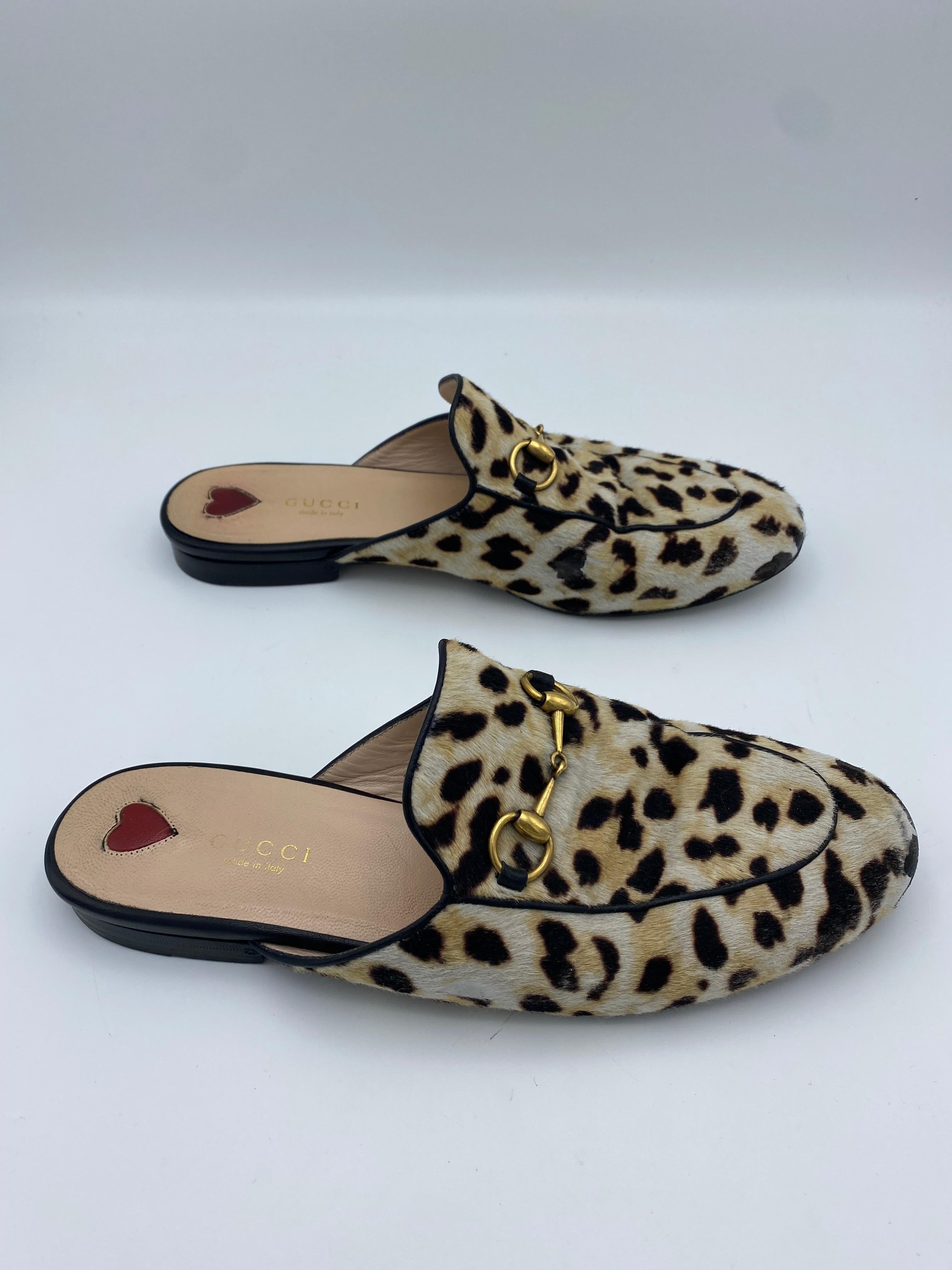 Brown Gucci Princetown Leopard Calf Hair Slippers, Size  38.5