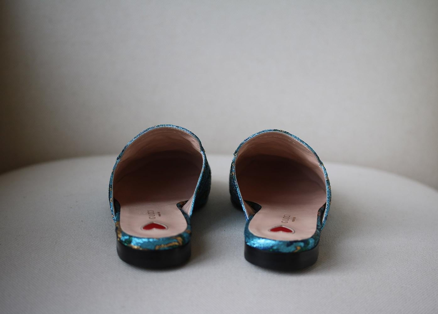 Blue Gucci Princetown Metallic Jacquard Slippers
