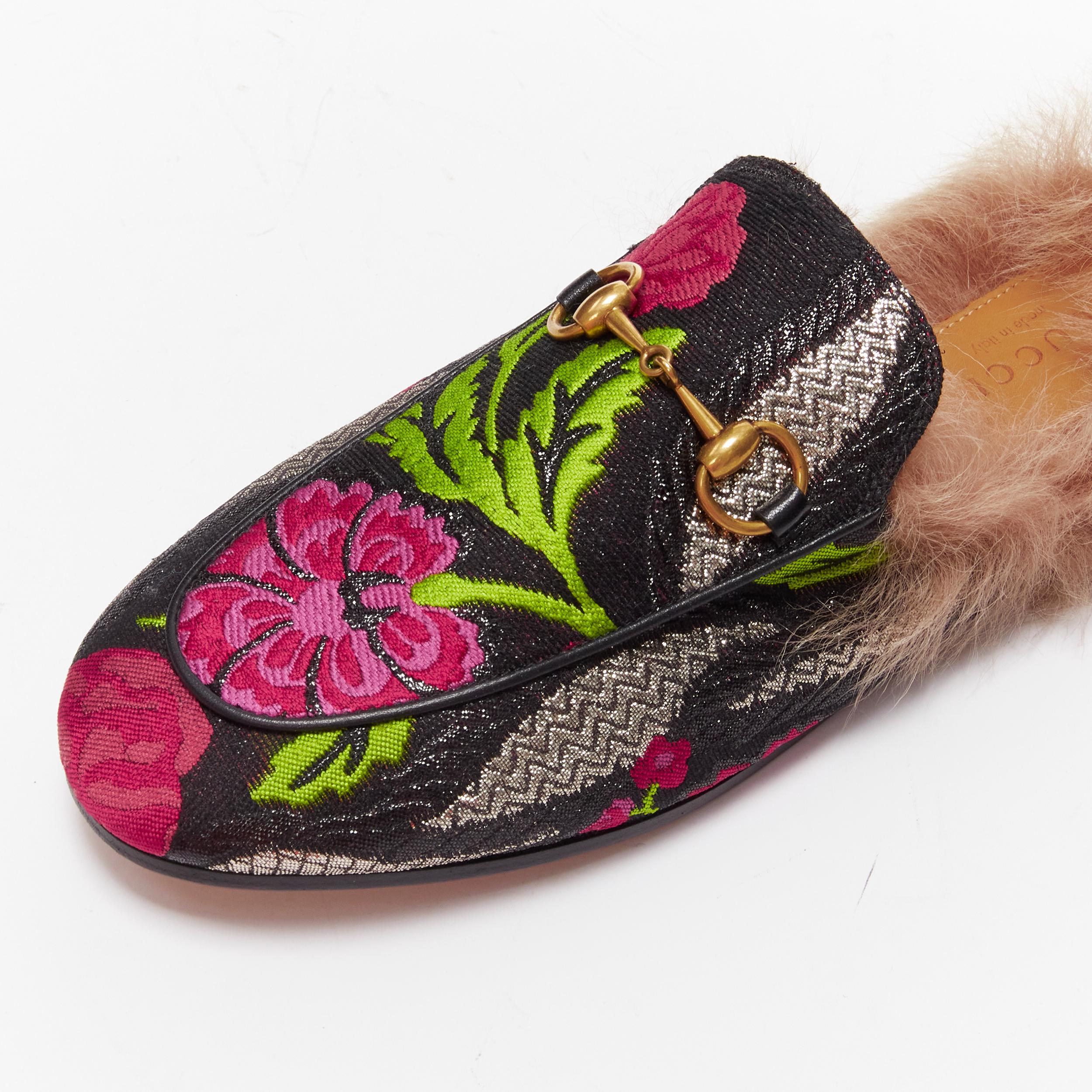 GUCCI Princetown pink floral brocade jacquard fur lined loafer slippers EU37 3
