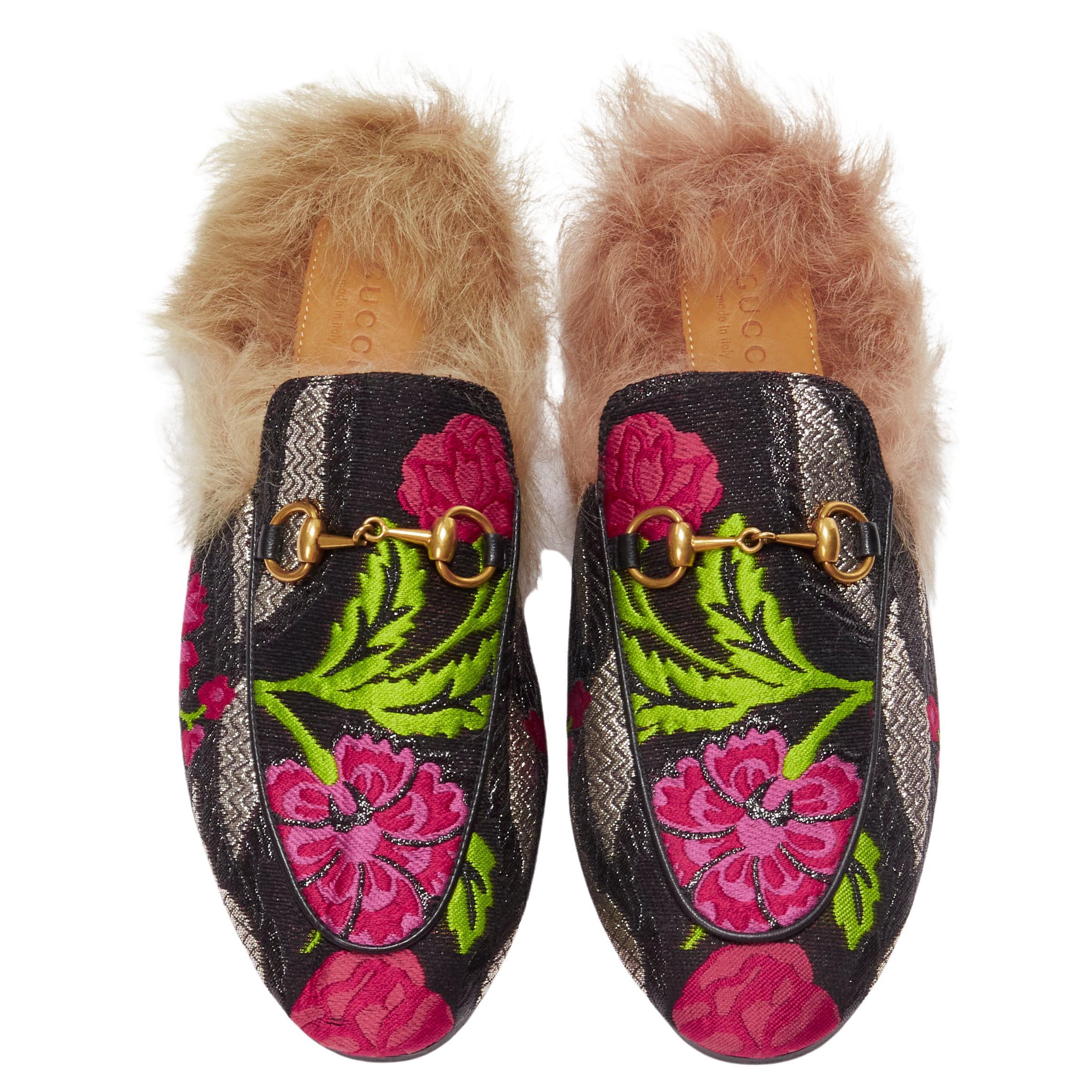 GUCCI Princetown pink floral brocade jacquard fur lined loafer slippers EU37
