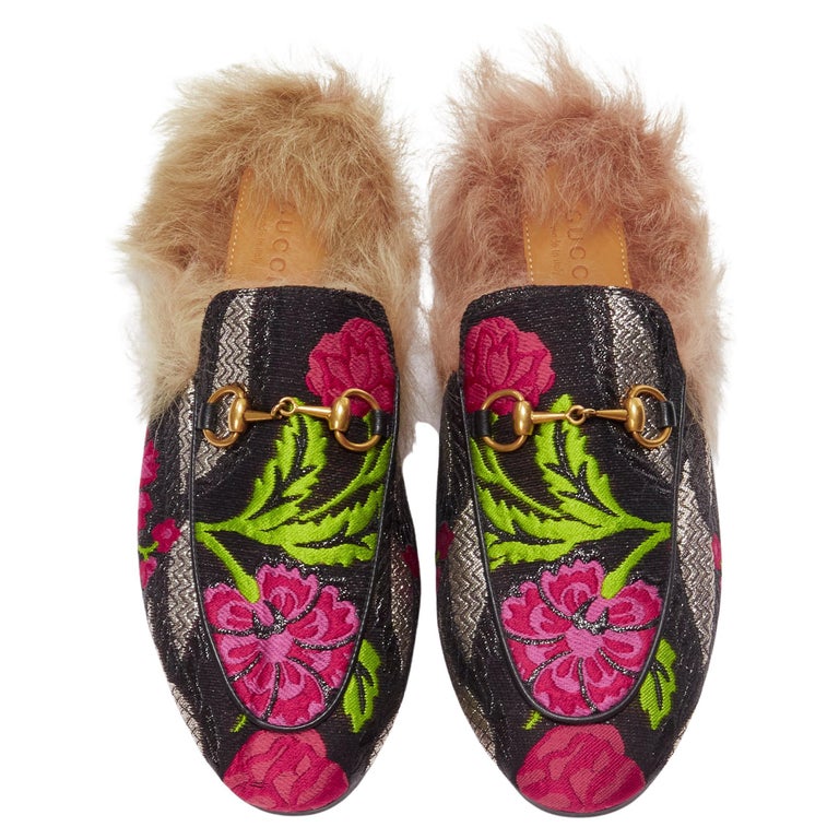 GUCCI Princetown pink floral brocade jacquard fur lined loafer slippers  EU37 For Sale at 1stDibs