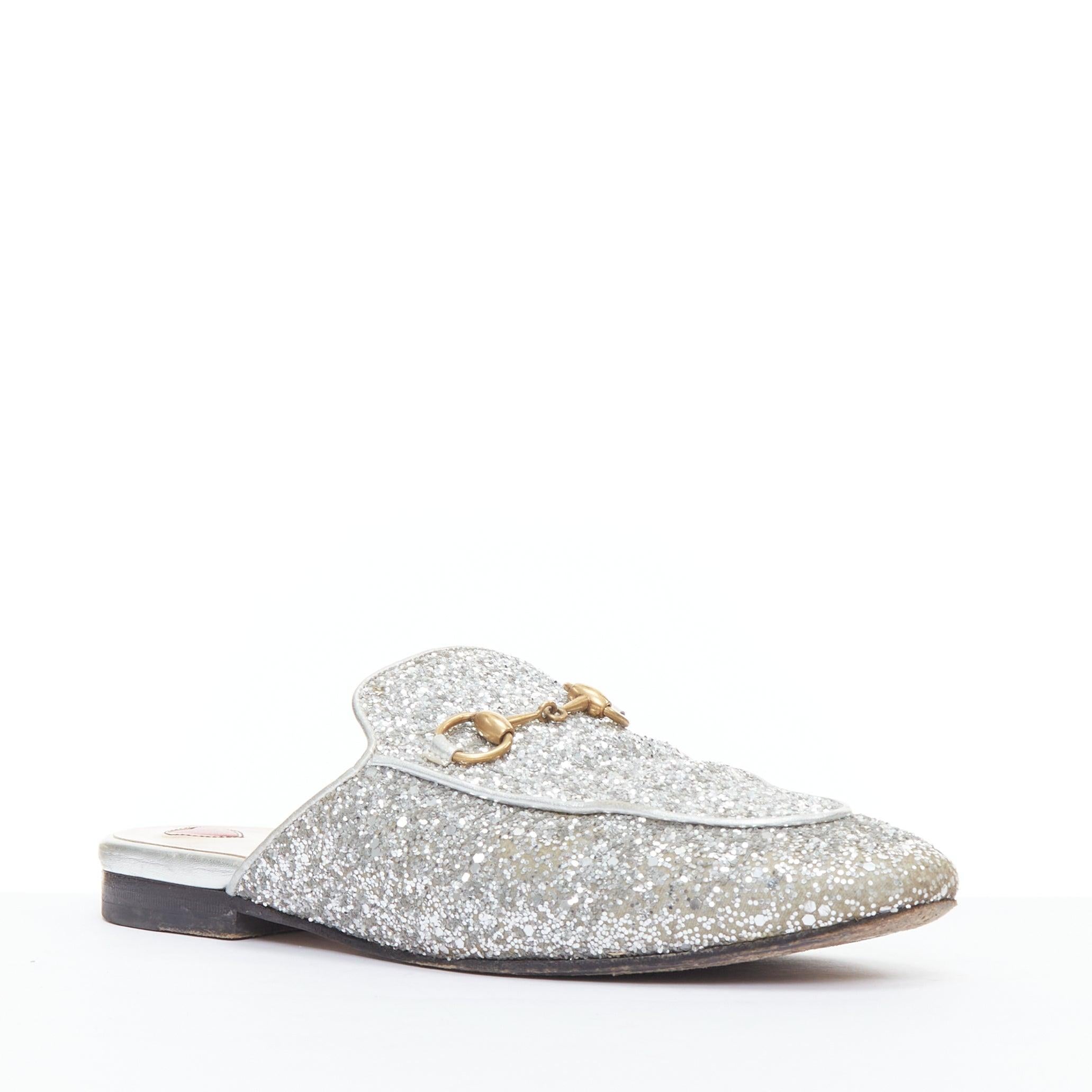 Gray GUCCI Princetown silver glitter gold horsebit slip on loafer mules EU36.5 For Sale