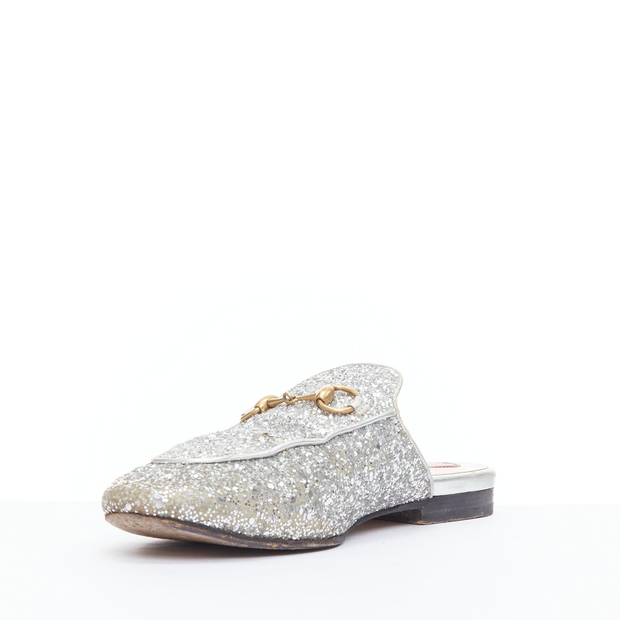 GUCCI Princetown silver glitter gold horsebit slip on loafer mules EU36.5 In Fair Condition For Sale In Hong Kong, NT