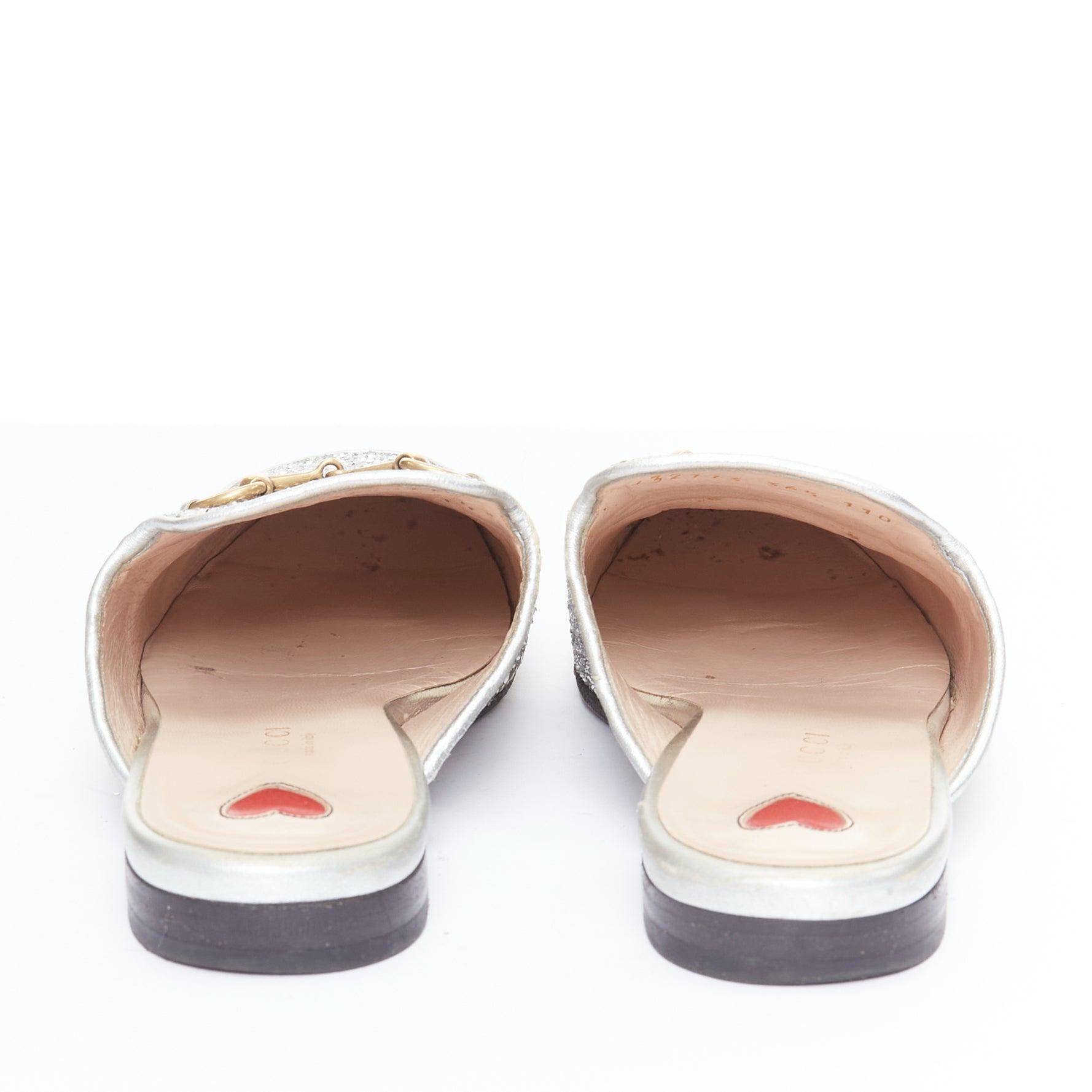 Women's GUCCI Princetown silver glitter gold horsebit slip on loafer mules EU36.5 For Sale