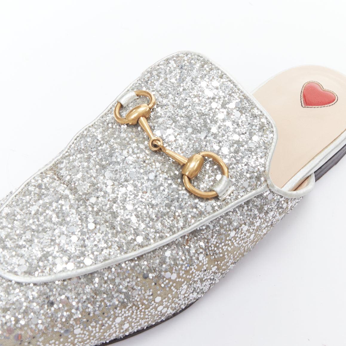 GUCCI Princetown silver glitter gold horsebit slip on loafer mules EU36.5 For Sale 2