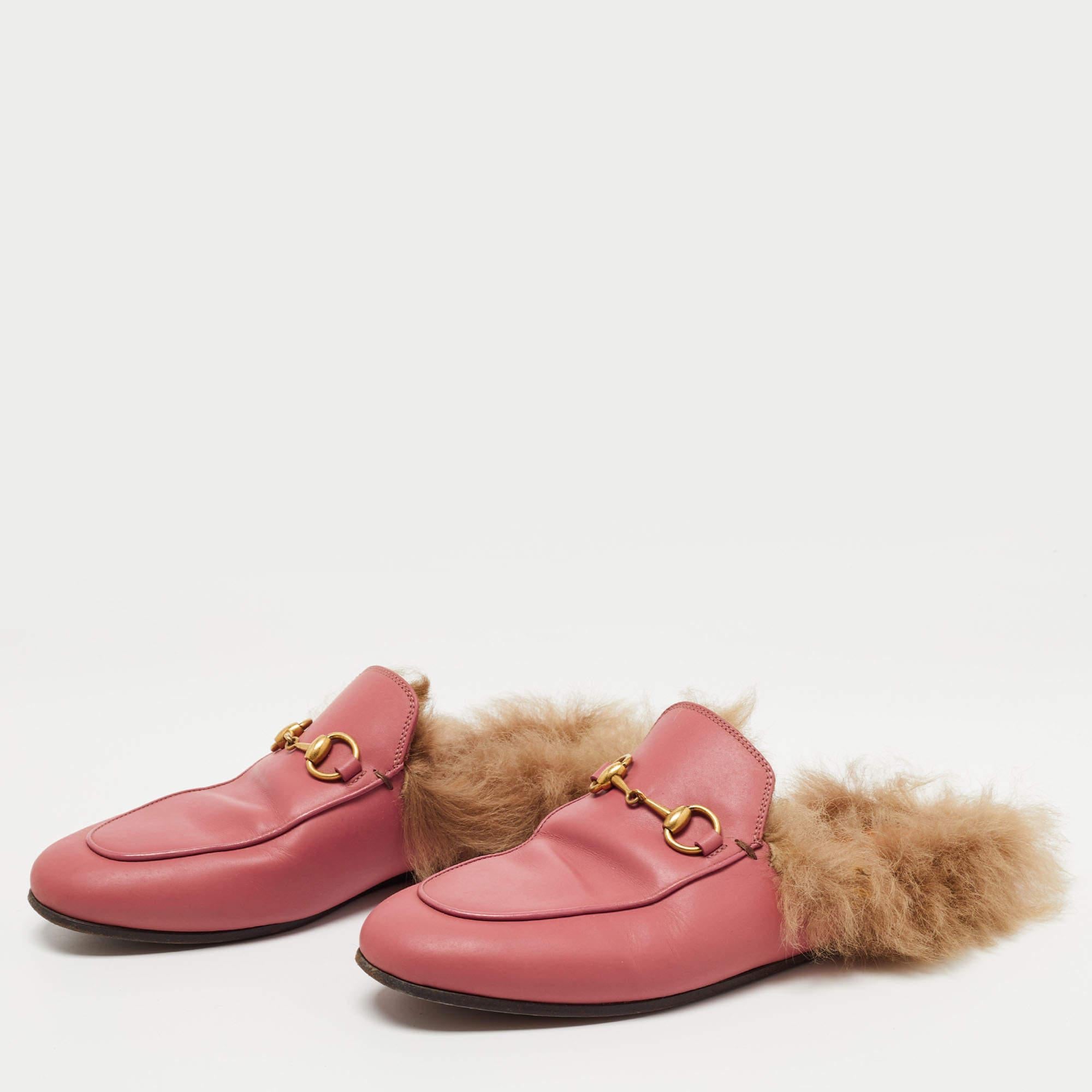 Gucci Prink Leather and Fur Princetown Mules Size 36 7