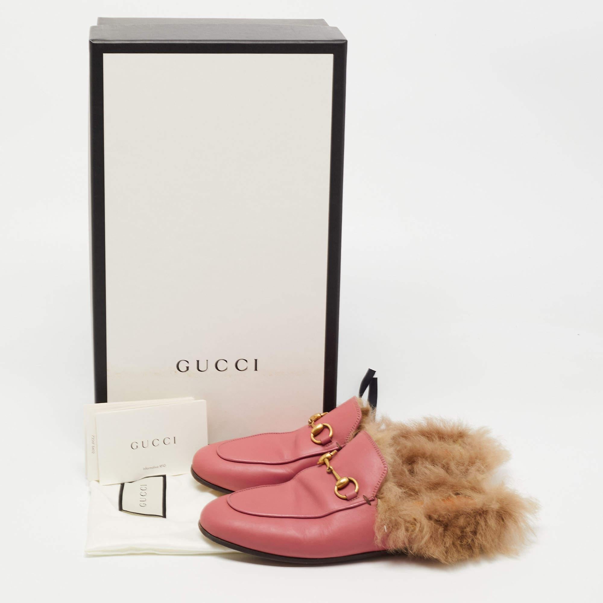 Gucci Prink Leather and Fur Princetown Mules Size 36 8