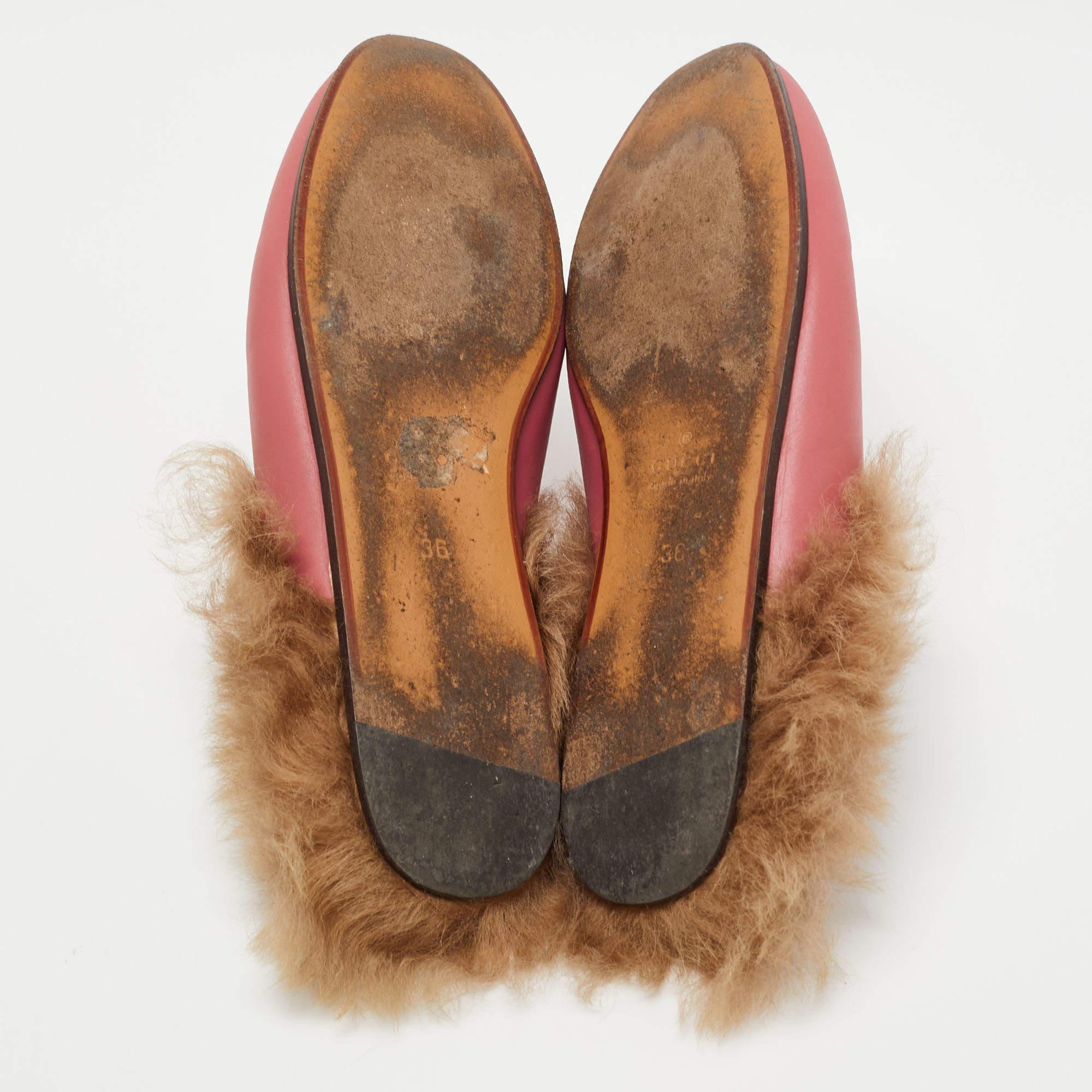 Gucci Prink Leather and Fur Princetown Mules Size 36 3