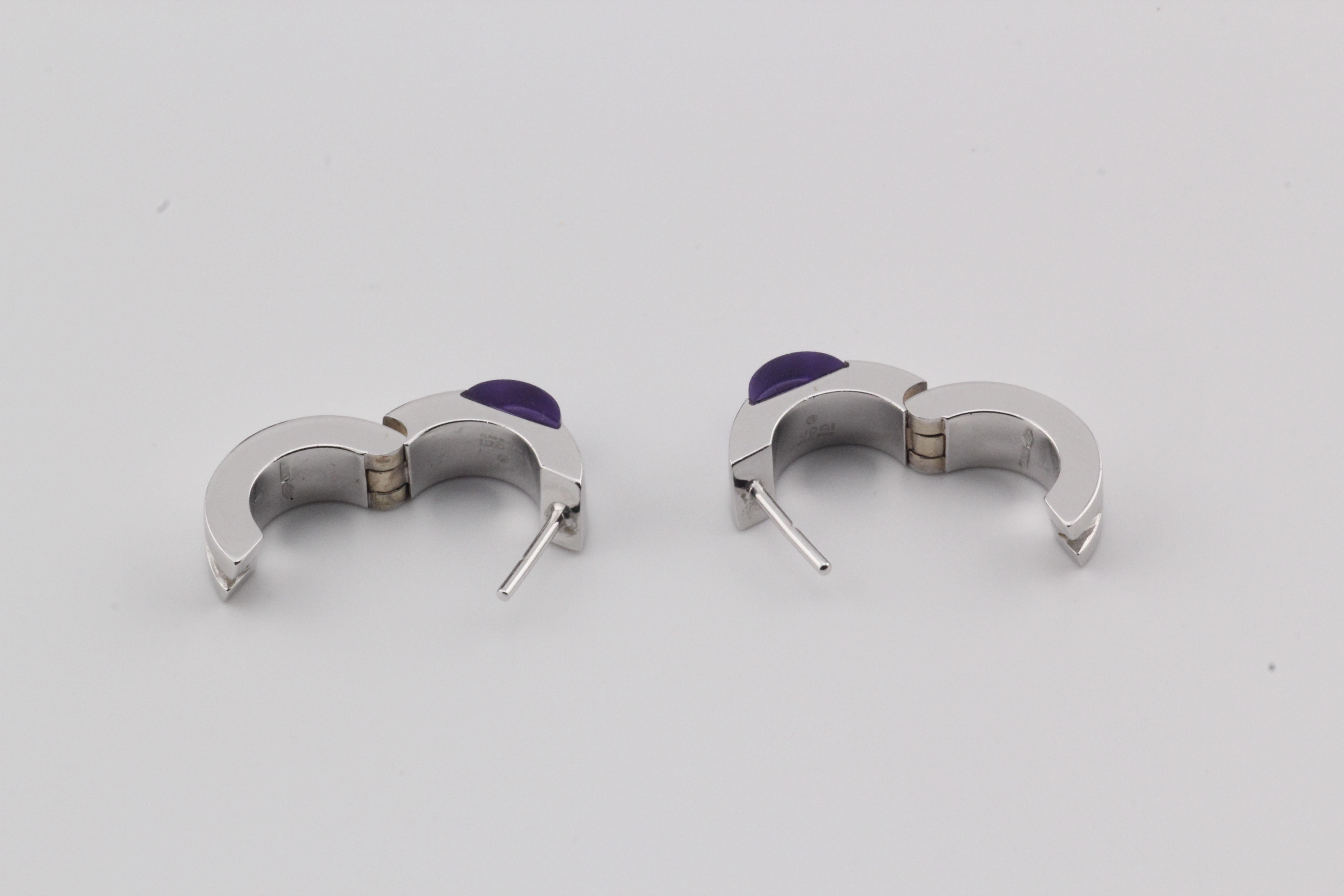 Gucci Purple Amethyst 18K White Gold Hoop Huggie Earrings For Sale 2