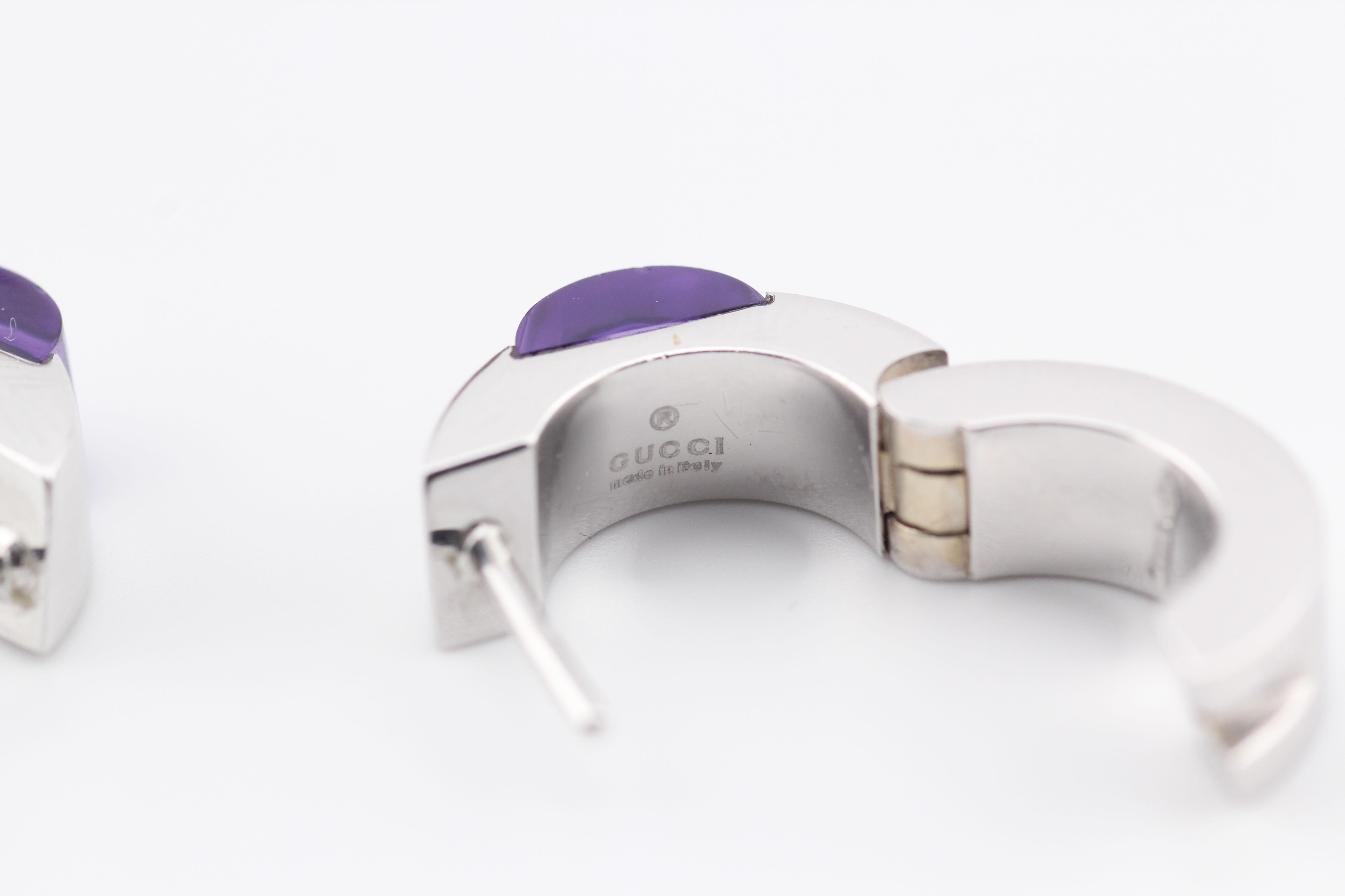 Gucci Purple Amethyst 18K White Gold Hoop Huggie Earrings For Sale 3