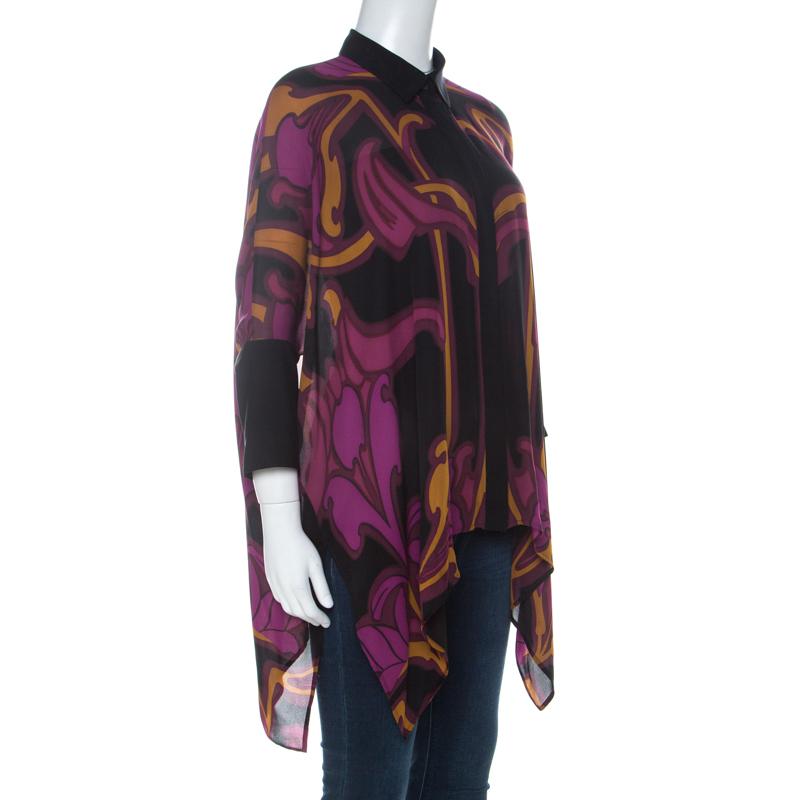 Black Gucci Purple Art Nouveau Print Silk Cape Shirt S