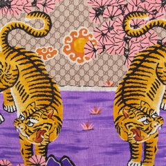 GUCCI purple beige silk BENGAL TIGER 90 Fringed Scarf