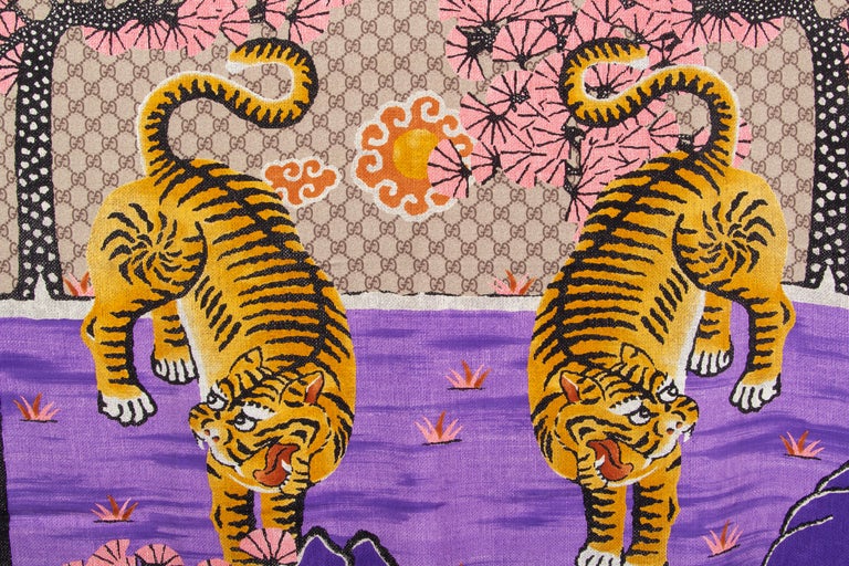 GUCCI purple beige silk BENGAL TIGER 90 Fringed Scarf For Sale at 1stDibs