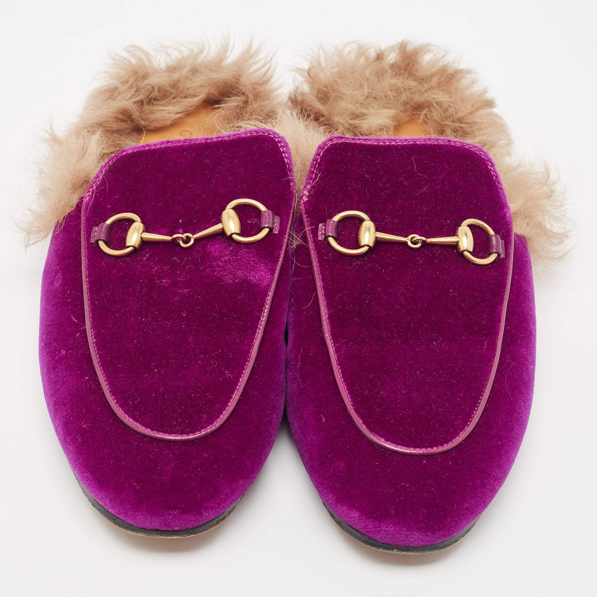 Women's Gucci Purple/Beige Velvet and Fur Princetown Flat Mules Size 40