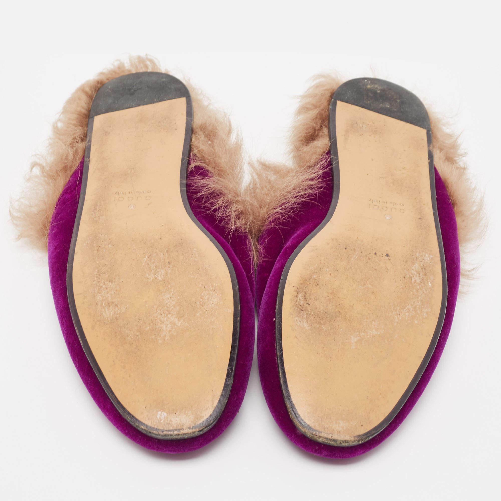 Gucci Purple/Beige Velvet and Fur Princetown Flat Mules Size 40 3