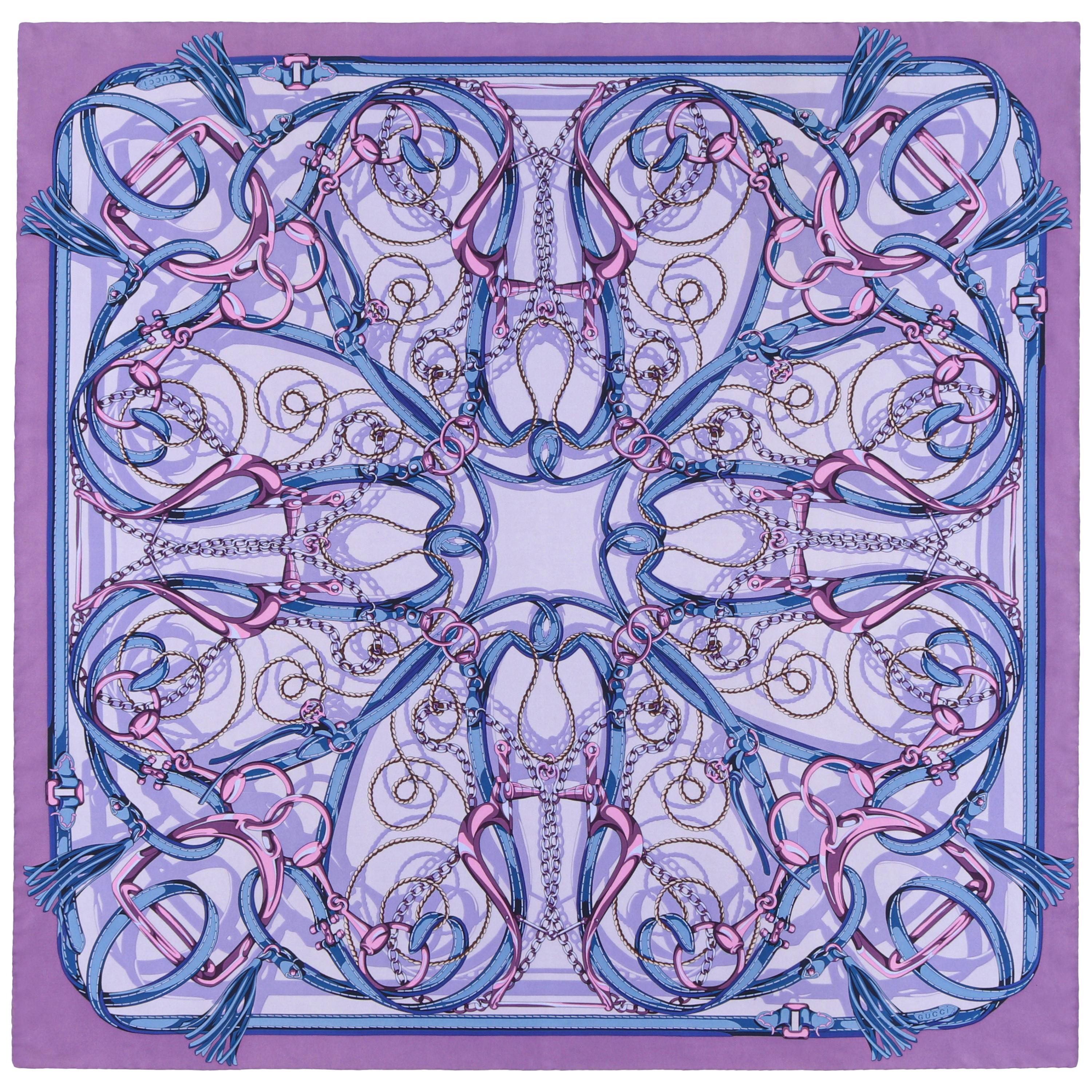 GUCCI Purple Blue Equestrian Kaleidoscope Print Large Square Silk Twill Scarf