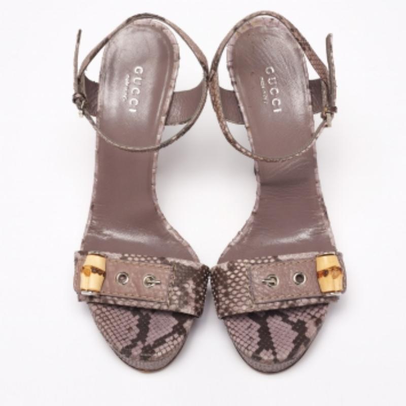 Gray Gucci Purple/Brown Python Leather Bamboo Ankle Straps Platform Sandals Size 37 For Sale
